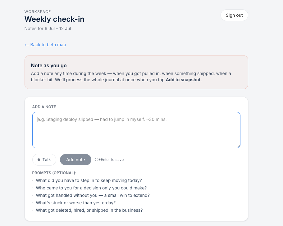 Weekly check-in journal with Talk button and prompts
